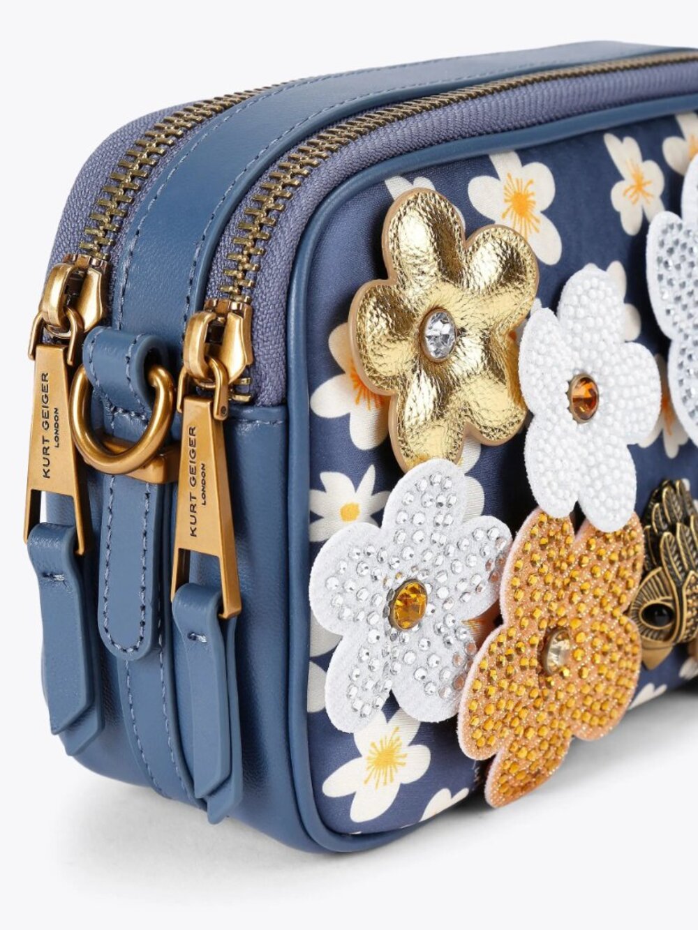 Kurt Geiger Kensington Daisy Structured Camera Bag Blue Gold White Floral NWT - Picture 3 of 7